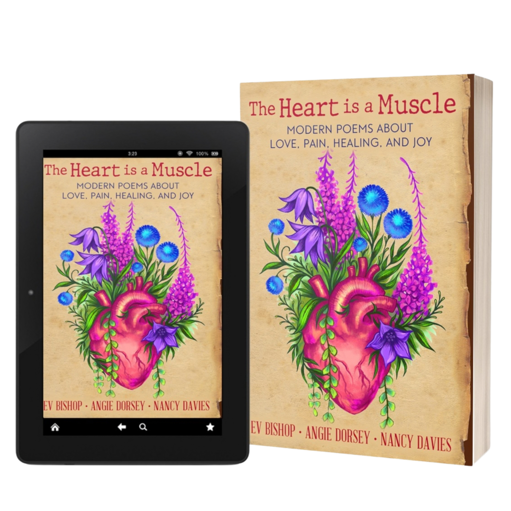 An e-reader displaying the cover of the book 'The Heart is a Muscle' alongside a physical copy, featuring a vibrant heart surrounded by flowers and the subtitle 'Modern Poems About Love, Pain, Healing, and Joy'.